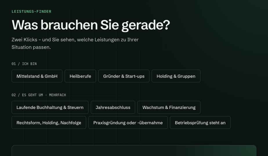 Zwei Klicks zur passenden Leistung – Ausschnitt aus dem Konzept HENN & LICHT