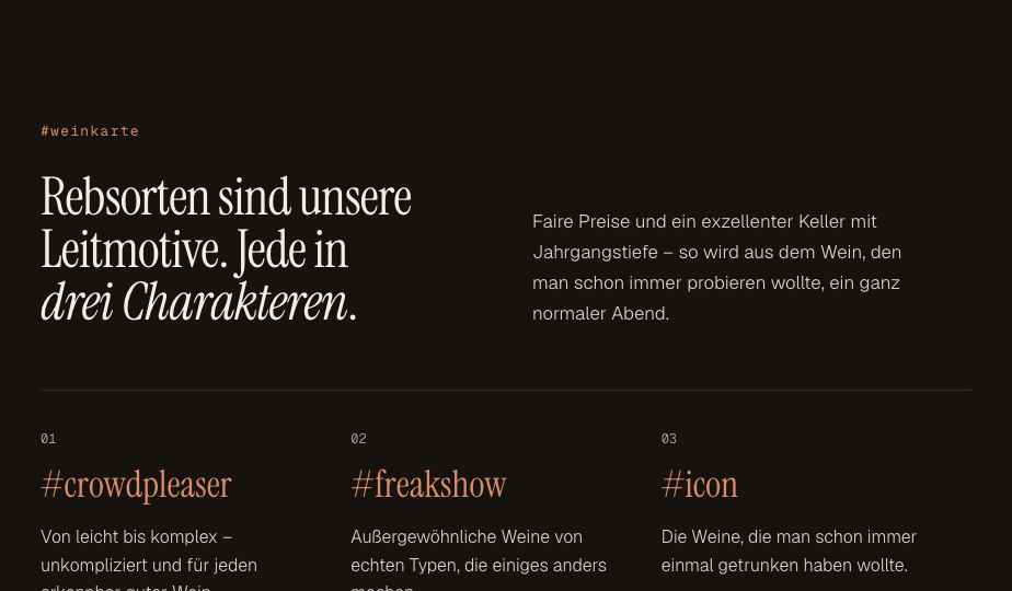Drei Charaktere je Rebsorte – Ausschnitt aus dem Konzept HENNE.Weinbar