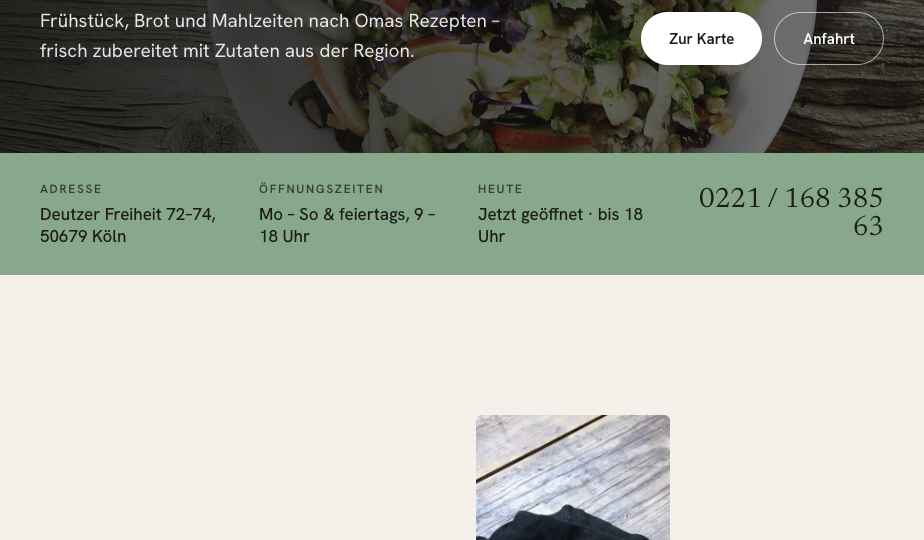 Adresse, Zeiten, Telefon – Ausschnitt aus der Website Heimisch